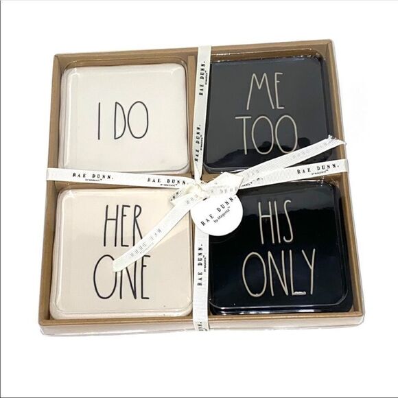 NWT Rae Dunn by Magenta Wedding Coasters Ceramic I Do Me Too His Only Her only - Picture 1 of 3